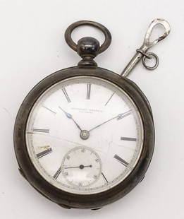 Antique 19c Rockford Engraved Coin Silver Key Wind Pocket Watch: This is an antique c1881 engraved American coin silver open face pocket watch produced by the Rockford Watch Company of Illinois. The size 18S watch is numbered 109139 and has 9 jewels. The total leng