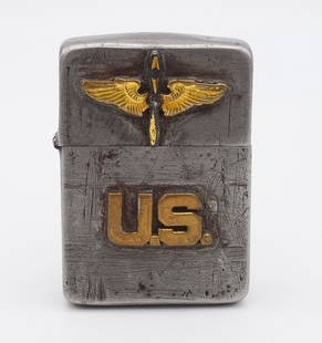 Vintage World War II GI Zippo Error Pat 203695 Prop and Wings Military Aviation Cigarette Lighter: This is a vintage US military GI cigarette Zippo lighter with a Prop and Wings aviation symbol on the top cover. The back features a coin from Great Britain and a coin from France. The underside of th