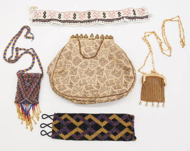 Vintage Purses and Beadwork incl Bracelet, Necklace, Coin Purse: This is a vintage lot of purses and beadwork dating to the early to mid 20th century. The lot includes a French jeweled handbag, a mesh fringed purse, an ornate beaded coin purse, and a beaded bracele