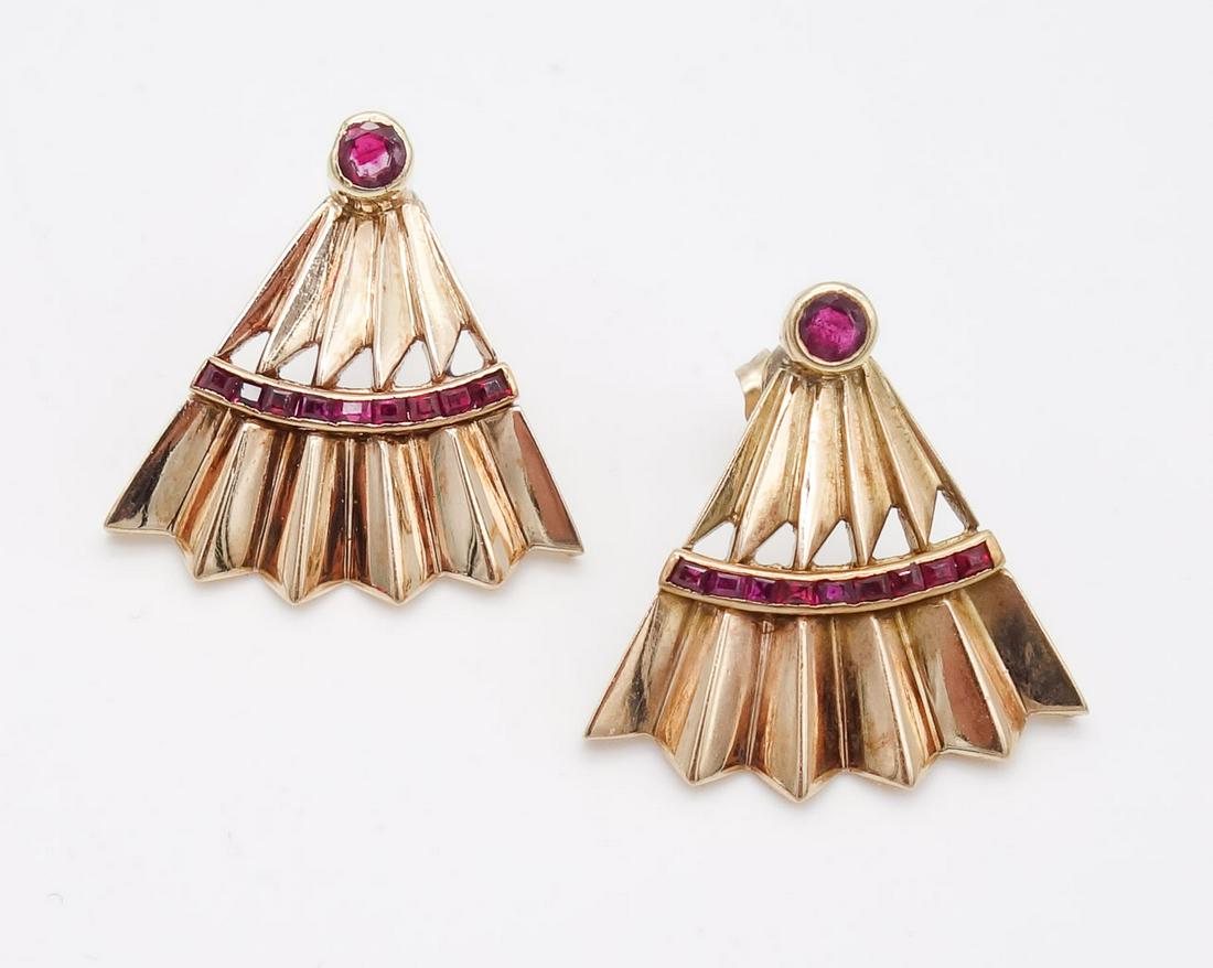 Vintage Retro 14K Rose Gold Ruby Fan Motif Earrings (1 of 4)