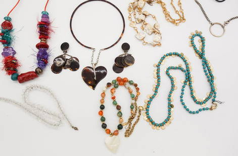 Vintage Jewelry Lot incl Sterling Silver, MOP, Hard Stone Beads, Faux Tortoiseshell: This is a vintage group of costume jewelry including sterling silver, faux tortoiseshell, crystal beads, hard stone beads, Mother of Pearl, and more. The interior circumference of the faux tortoiseshe