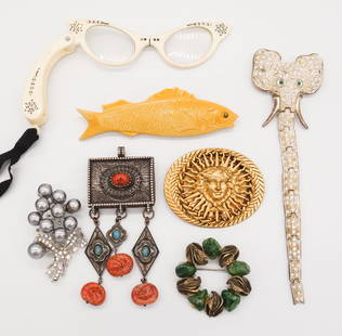 Vintage Jewelry Lot incl Elephant Brooch, Celluloid Fish, HOB, French Eyeglasses: This is a vintage lot of costume jewelry including a celluloid fish brooch, a pair of celluloid French folding eyeglass, a green stone brooch marked "HOB" and more. The fish is 4 5/8" long. 