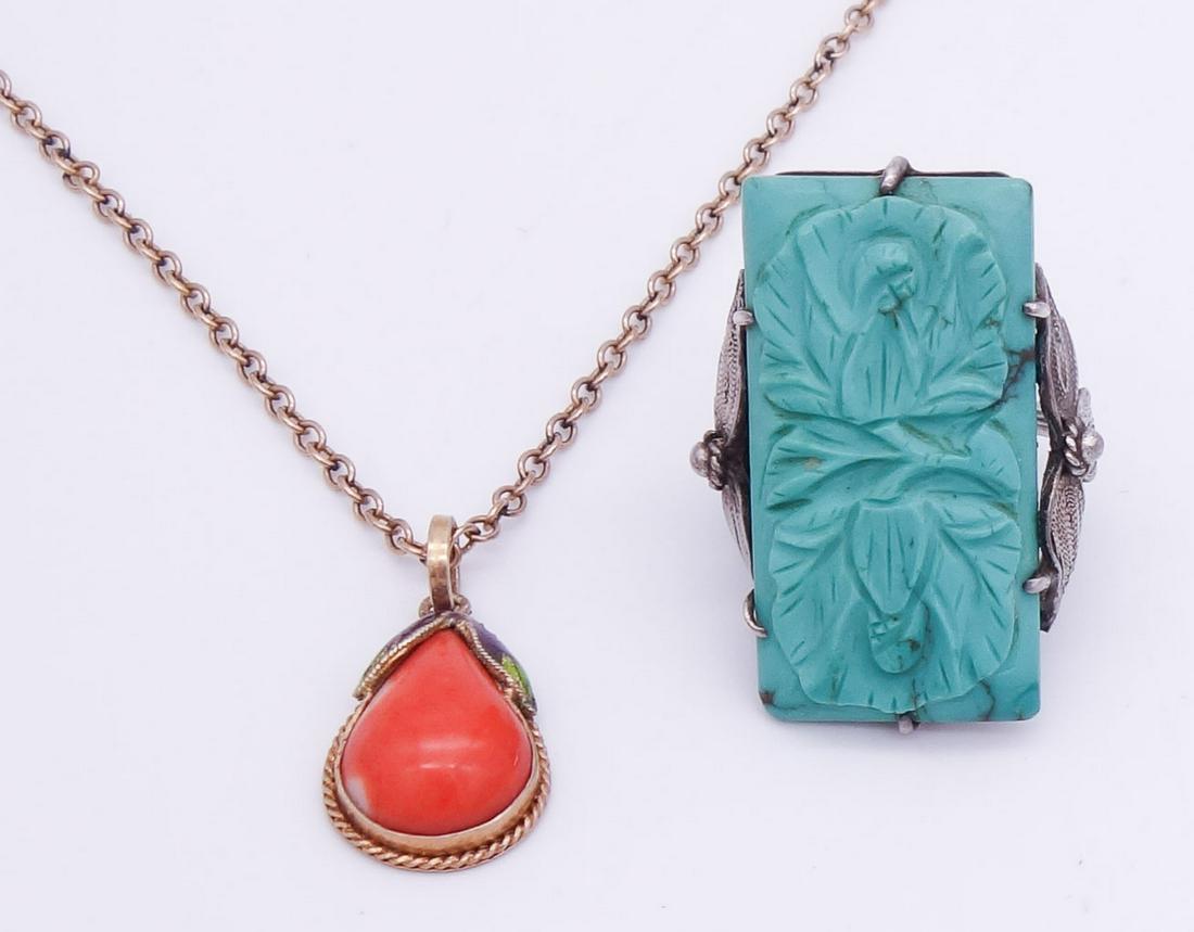 Antique Chinese Silver Gold GW Enamel Coral Pendant and Carved Turquoise Panel Ring (1 of 6)