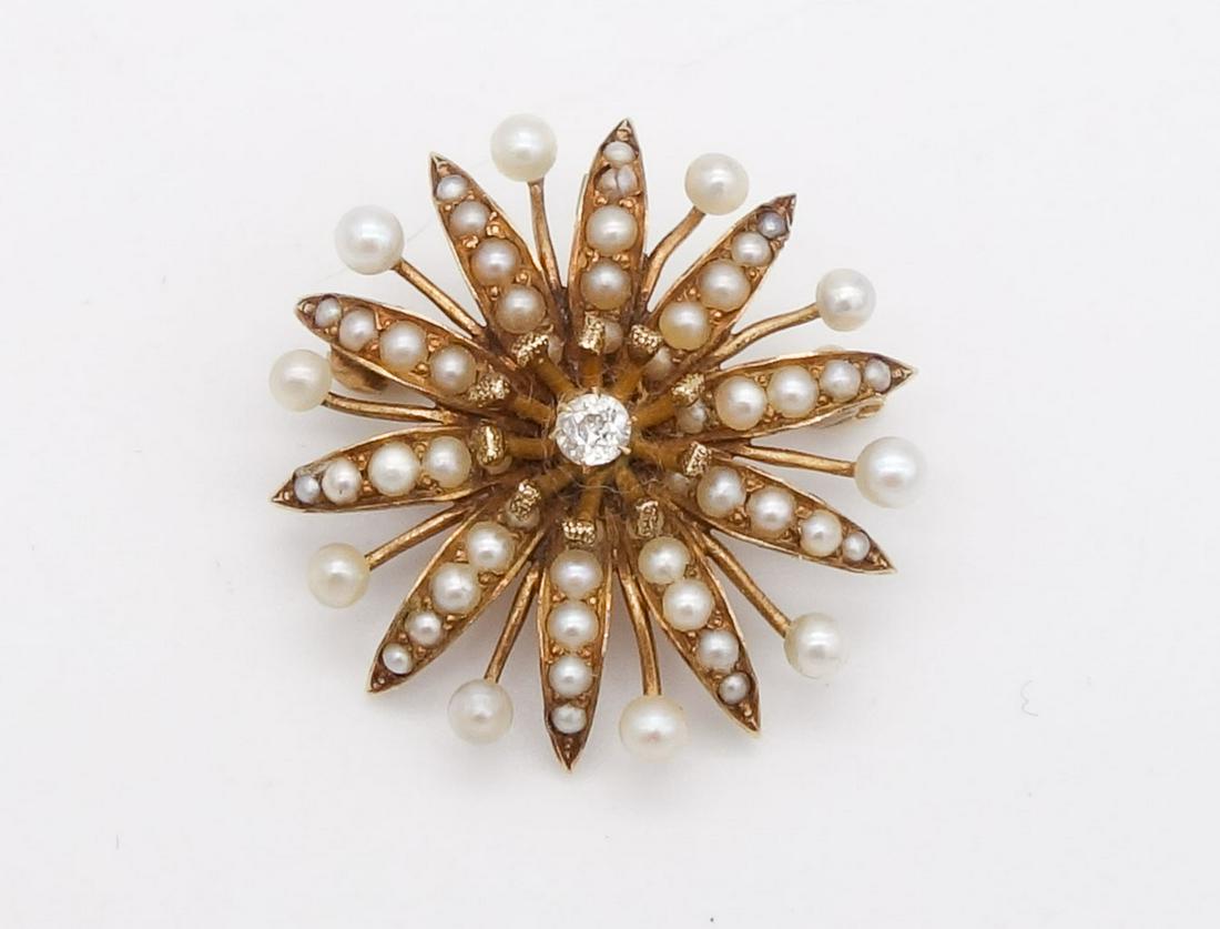 Antique 14K Gold Seed Pearl Diamond Starburst Brooch Pin (1 of 2)