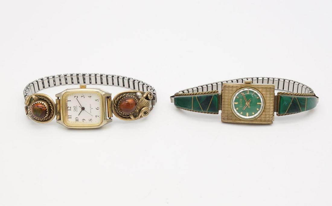 Native American Pawn Sterling Silver Watch Band Tips incl Zuni Charlie Hannaweeke Opal, Malachite (1 of 6)