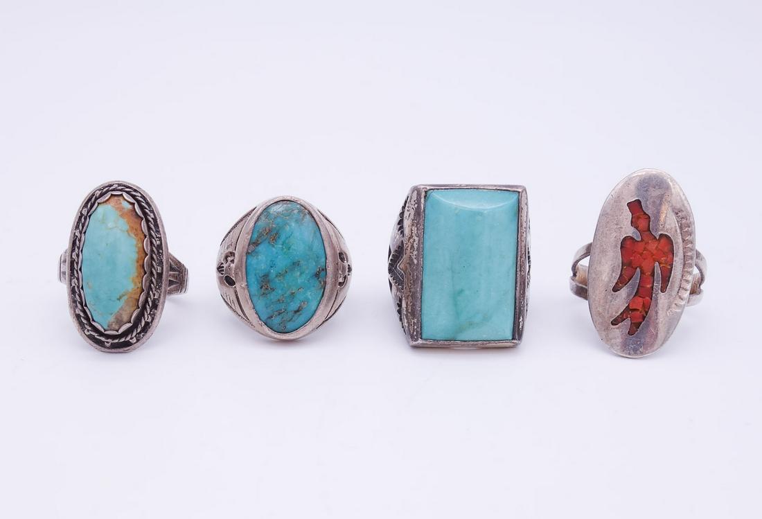 Vintage Lot 4 Native American Pawn Sterling Silver Rings incl Turquoise, Coral Inlay (1 of 2)