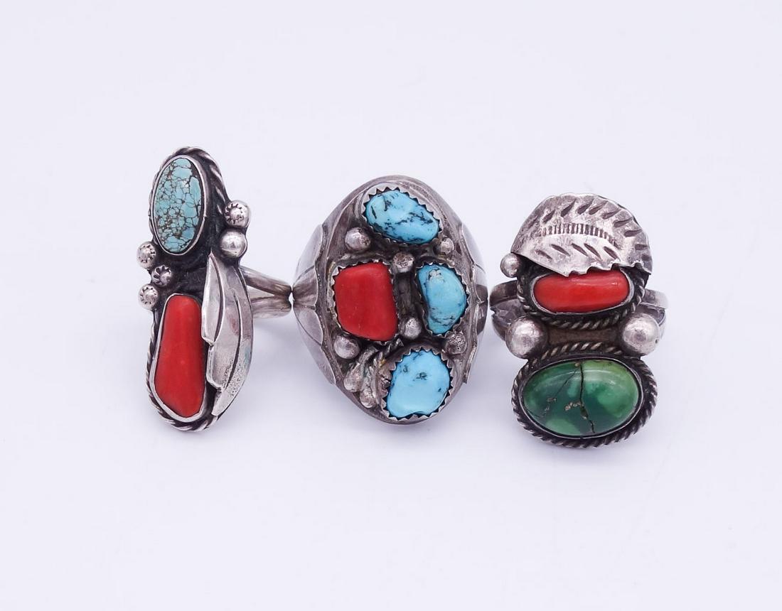 Vintage Lot 3 Native American Pawn Sterling Silver Turquoise Coral Rings (1 of 3)