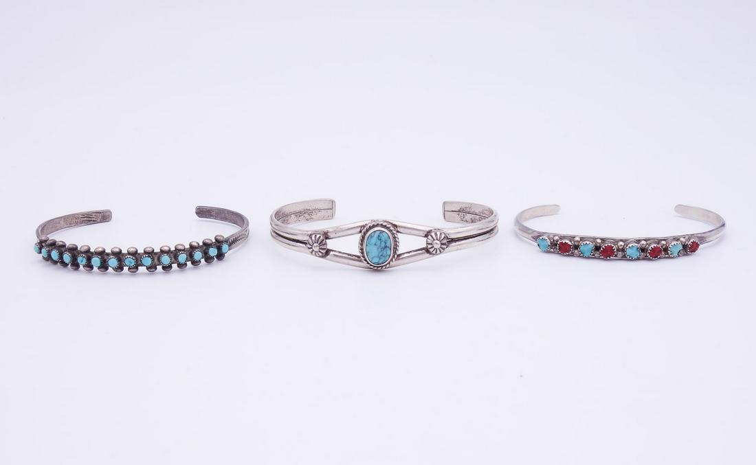 Vintage Lot 3 Native American Pawn Sterling Silver Turquoise Coral Zuni GB Bracelets (1 of 2)