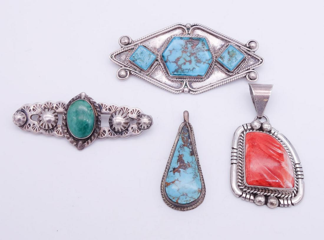 Vintage Native American Pawn Sterling Silver Turquoise Spiny Coral Pendants Brooches (1 of 2)