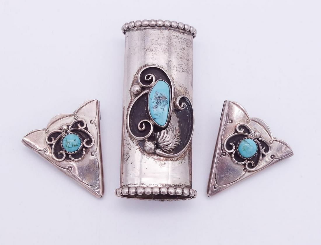 Vintage Native American Navajo Pawn Sterling Silver Turquoise Cigarette Lighter Case and Belt Ends (1 of 4)