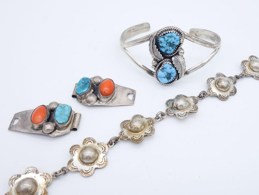 Vintage Lot Native American Pawn Sterling Silver Turquoise Coral Bracelets Watch Band Tips (1 of 2)
