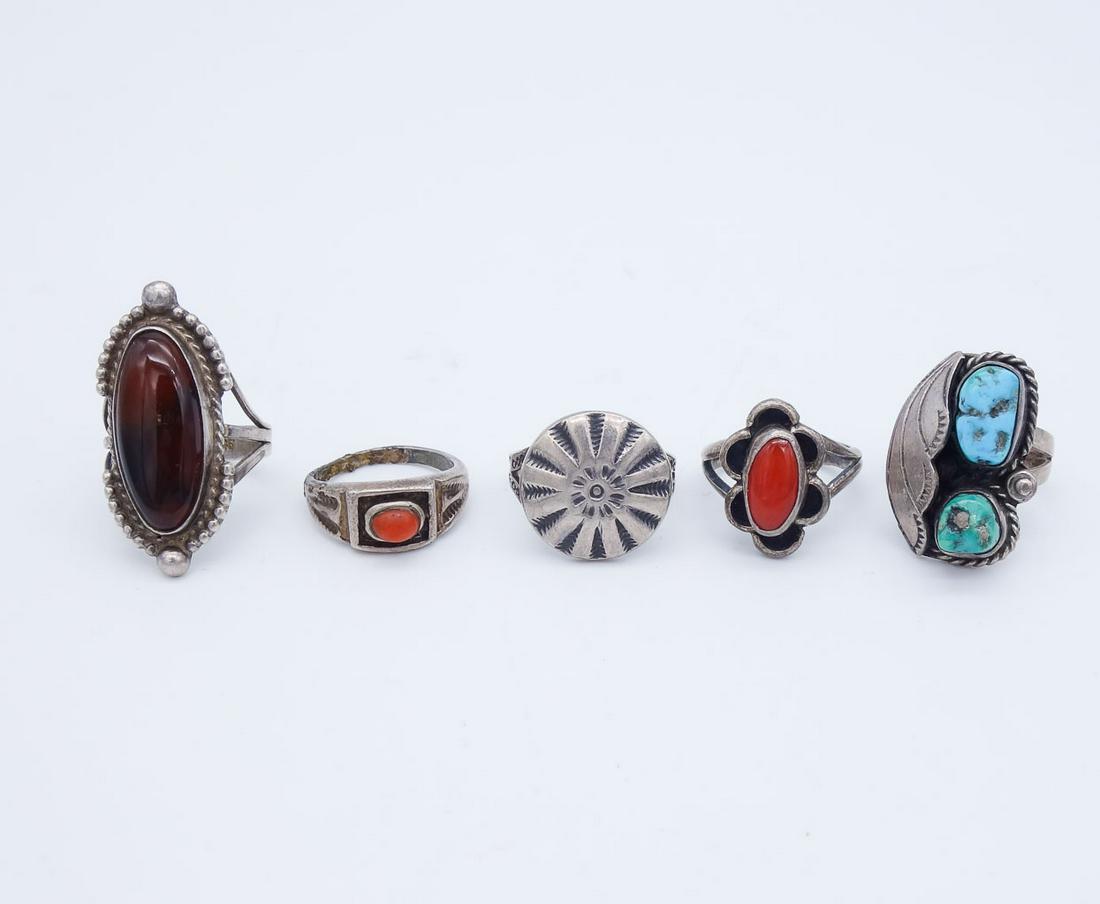 Vintage Group Native American Pawn Sterling Silver Turquoise, Coral, Agate Rings (1 of 3)