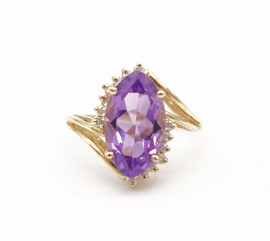 Vintage 14K Gold Marquise Cut Amethyst Diamond Ring Size 6.75 (1 of 3)