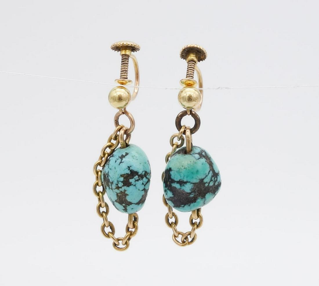 Vintage Pair Solid Gold Turquoise Nugget Dangle Earrings (1 of 5)