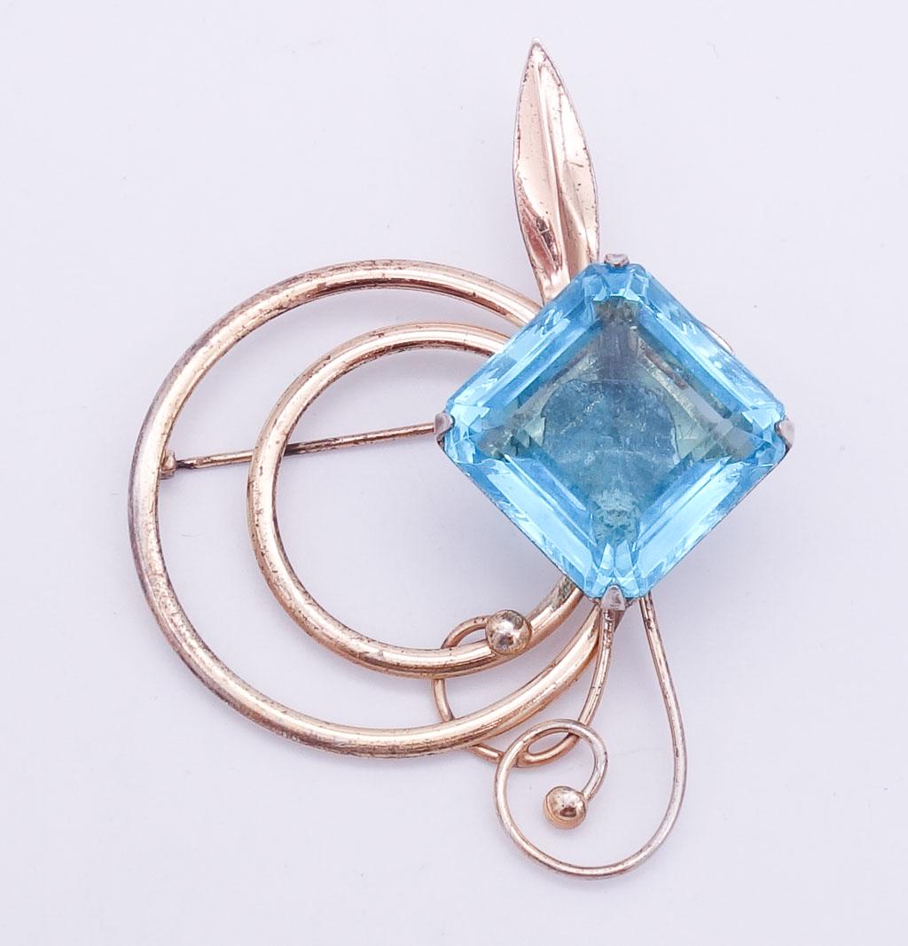 Vintage Retro Sterling Silver Gold GW Large Blue Jewel Brooch Pin (1 of 2)