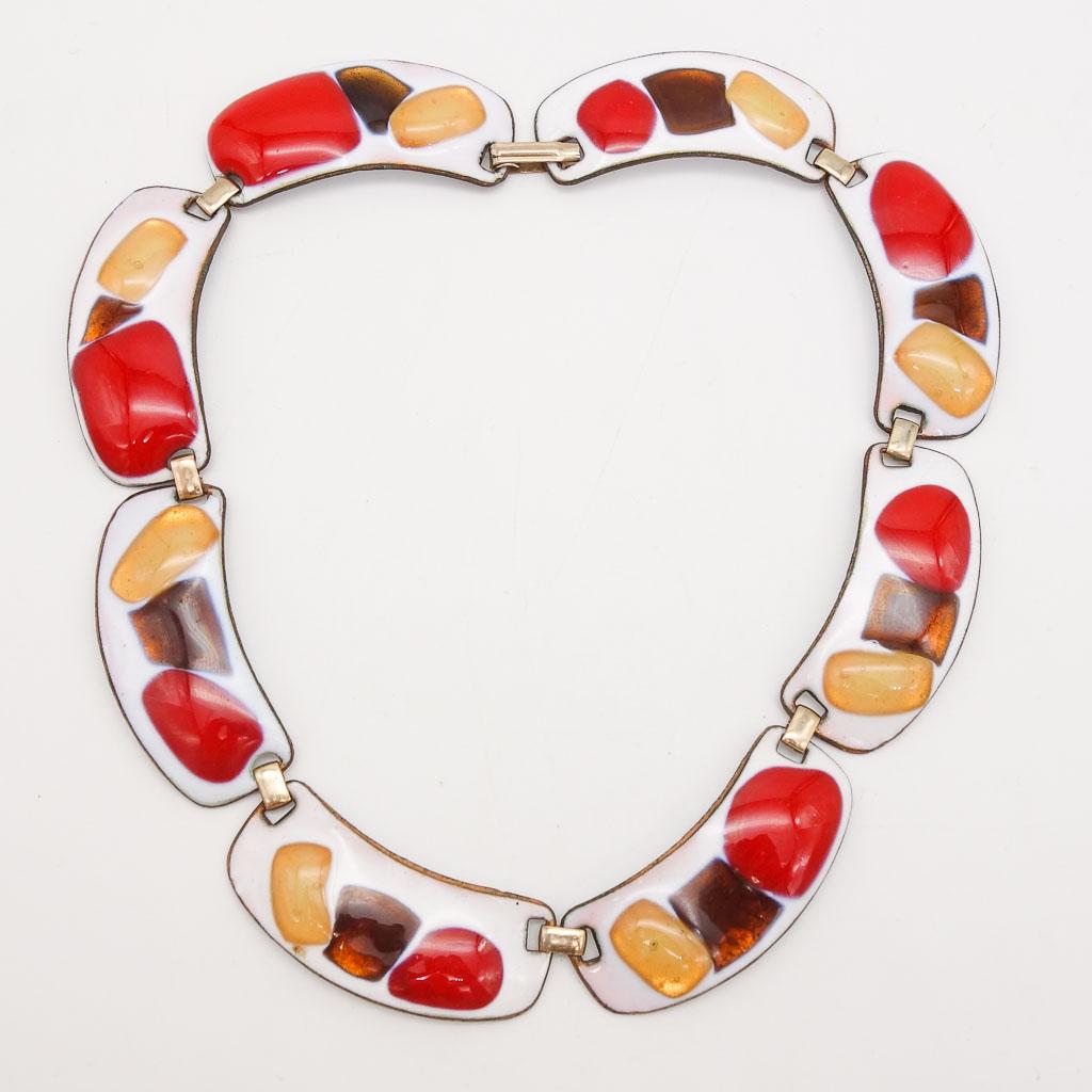 Vintage Kay Denning Mid Century Modern Enamel Necklace: This is a vintage Mid Century Modern copper enamel necklace signed by the artisan Kay Denning. 13.5" long