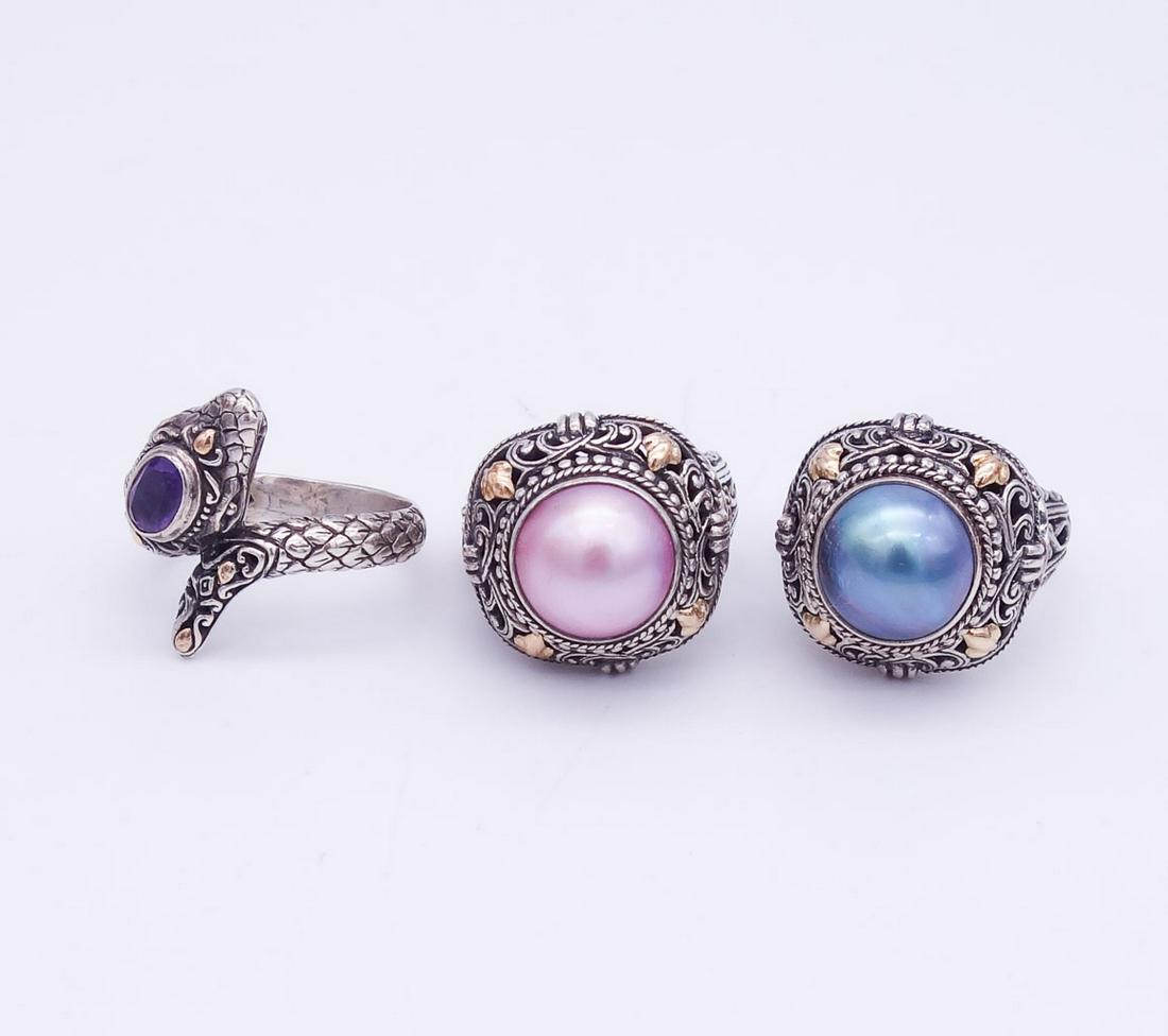 Vintage Lot of 3 Sterling Silver Rings incl 18K Gold, Amethyst, Snake, Pearl, Robert Manse (1 of 3)
