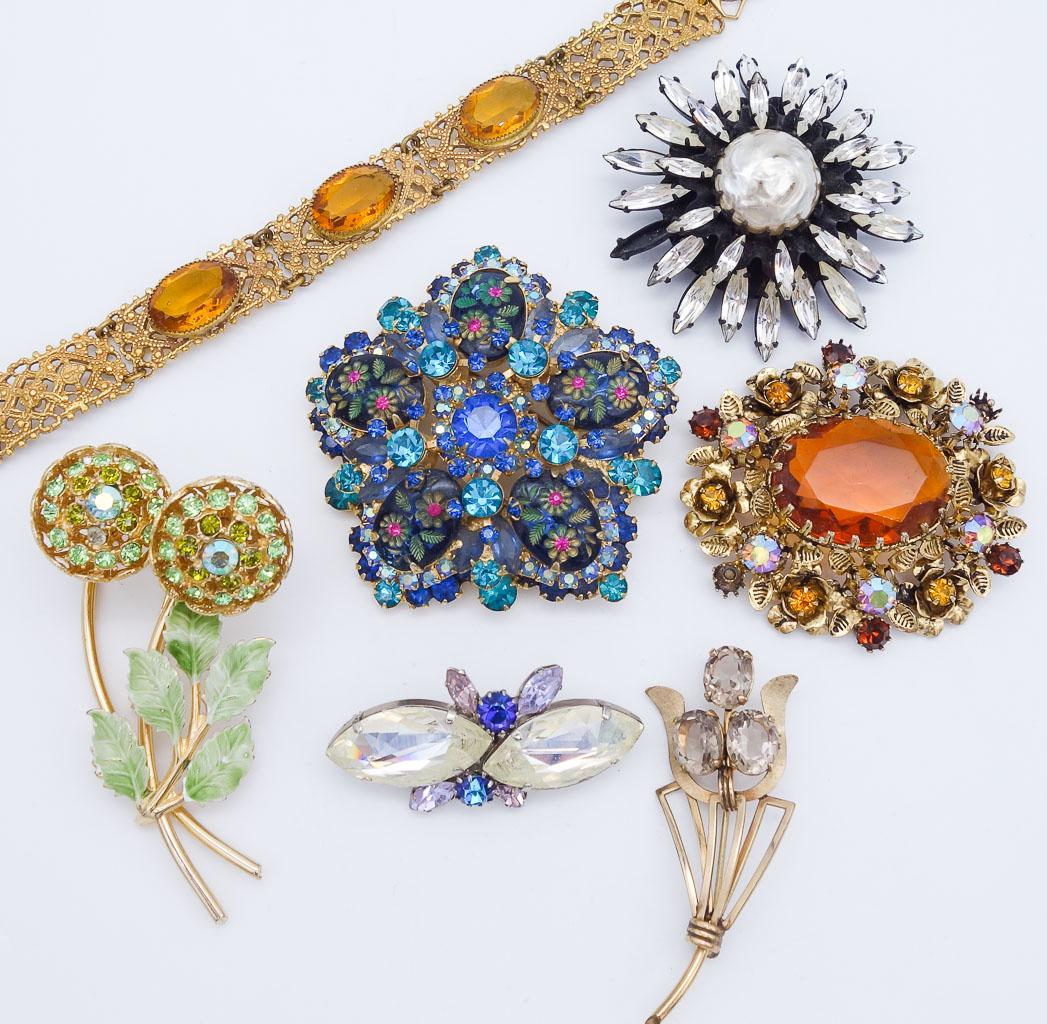 Vintage Group Jeweled Brooches and Bracelet in Flowers, Enamel (1 of 4)