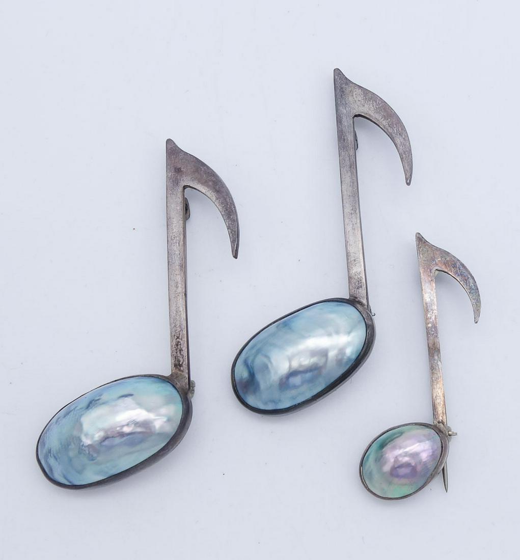Vintage Lot Group 3 Musical Sterling Silver Blue MOP 1/4 Note Brooch Pins (1 of 2)