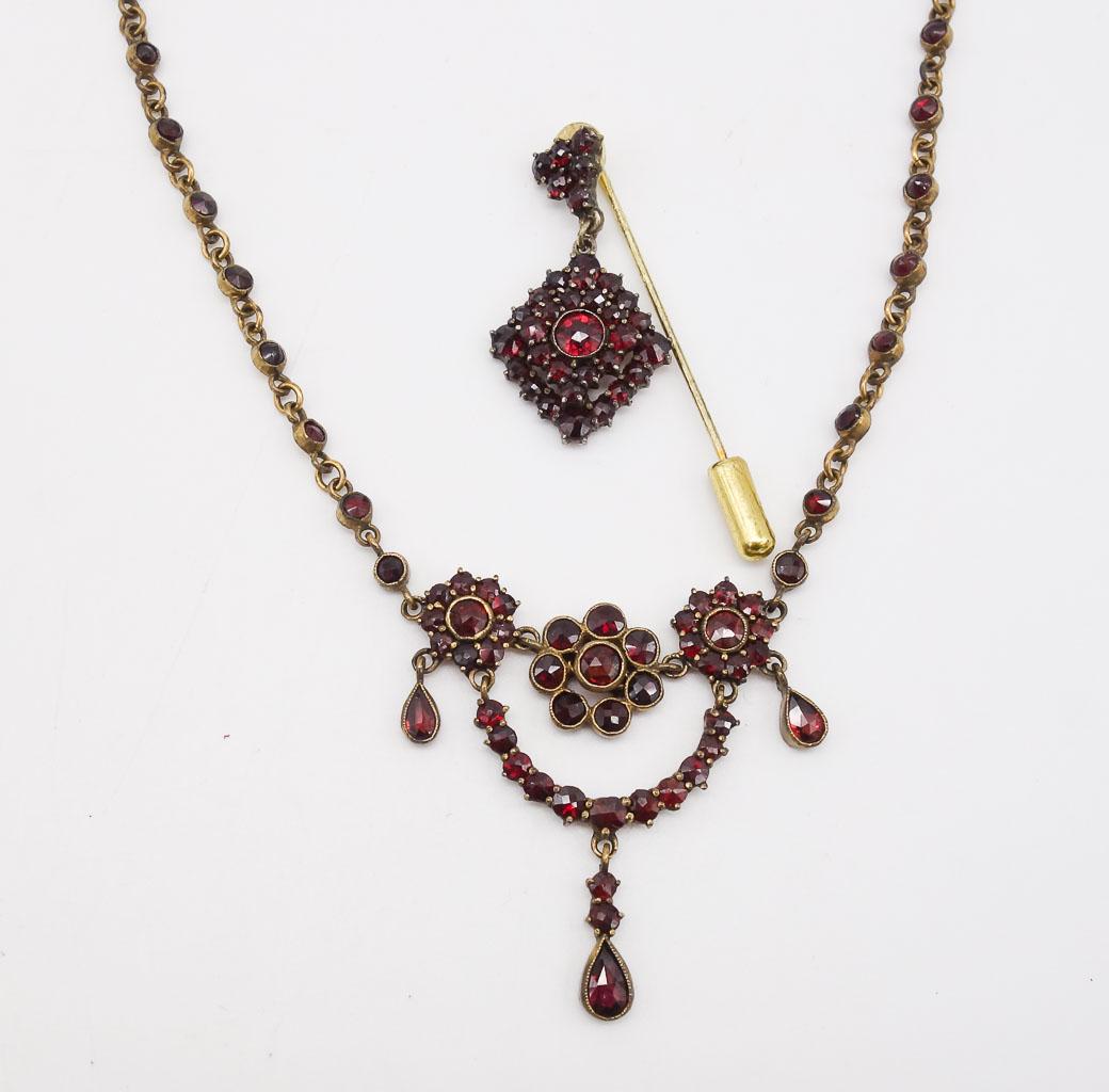 Antique 19c Gold GF Bohemian Garnet Lavalier Necklace Stick Pin Suite (1 of 3)