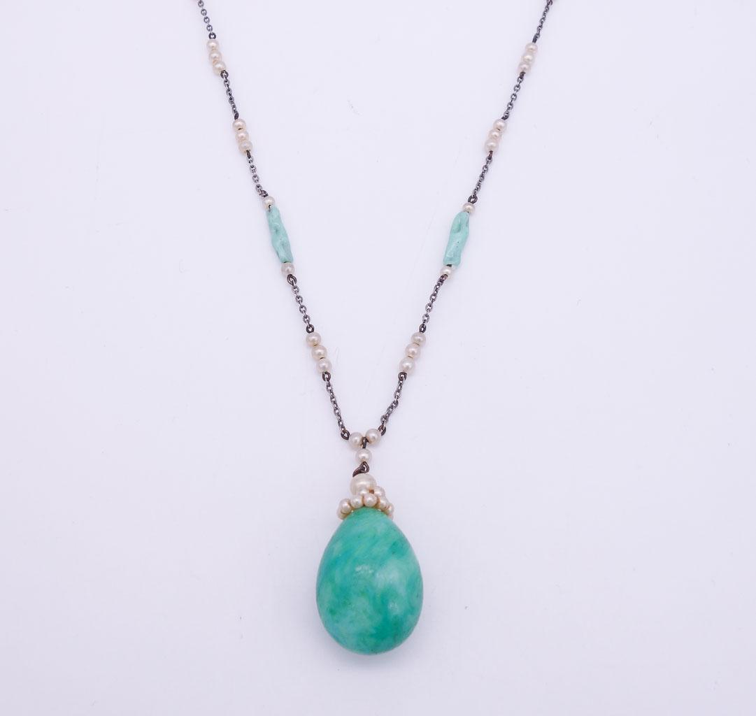 Antique Art Deco Costume Green Glass Pearl Lavalier Pendant Station Necklace: This is an antique lavalier necklace featuring pearls and green glass accents and teardrop pendant. The length is 18" and the pendant is 1 1/4" long.