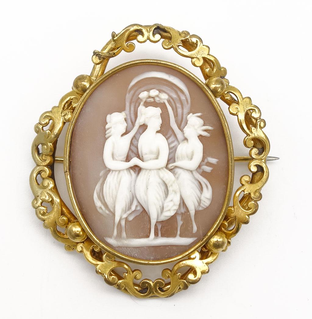 Antique 19c Gold GF Filigree Three Graces Carved Cameo Brooch (1 of 2)