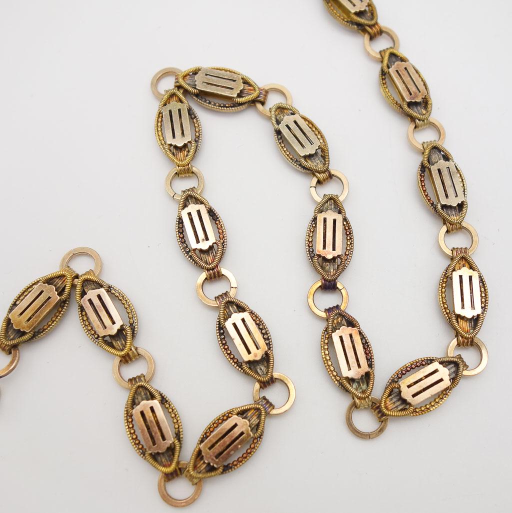 Antique Victorian 1870s/80s Ornate Gold GF Link 17" Necklace: This is an antique Victorian gold filled fancy link gold filled necklace dating to the 1870s/80s. 17" long
