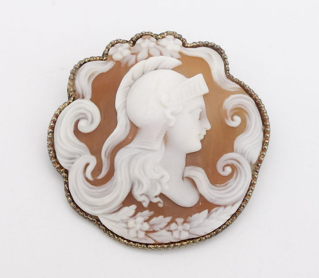 Unusual Antique Sterling Silver Classical Warrior Carved Cameo Brooch Pin (1 of 2)