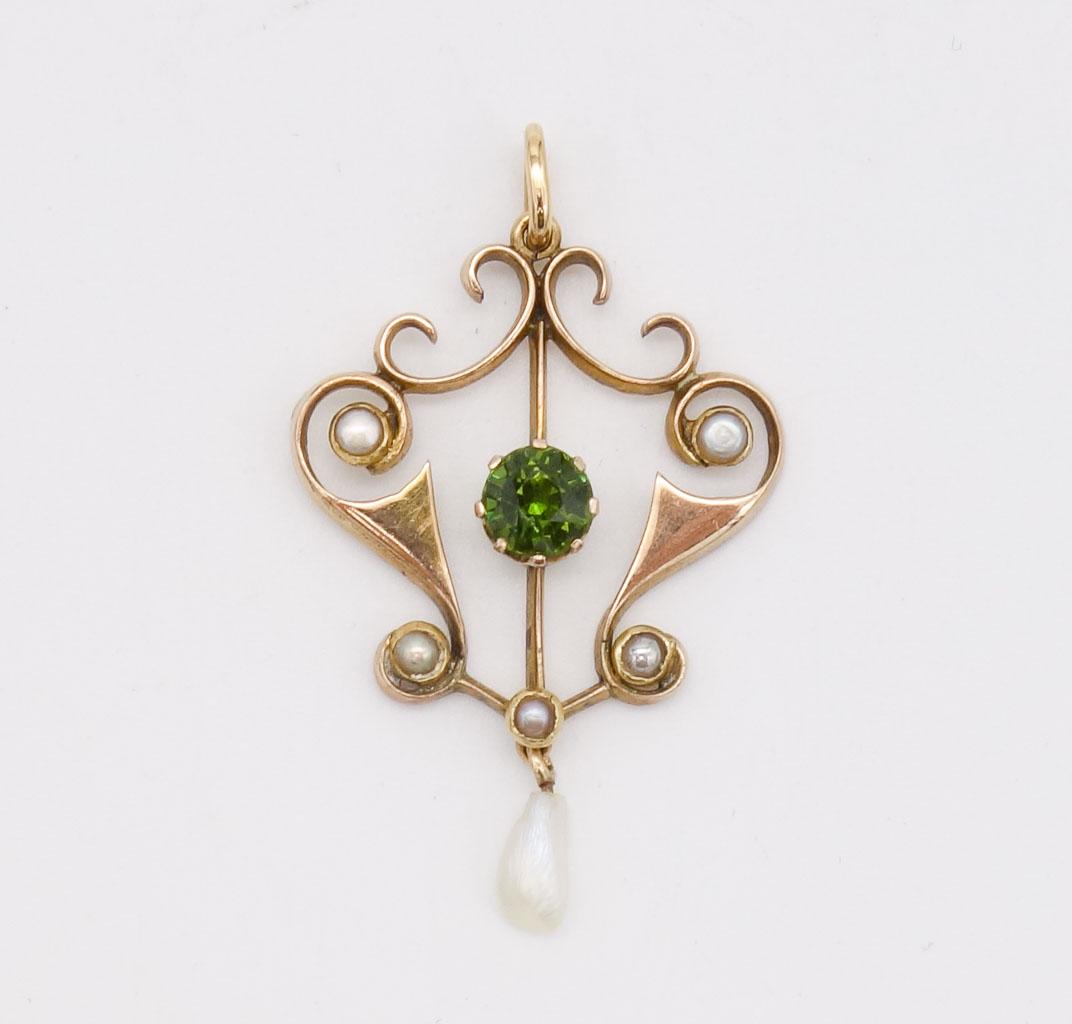 Antique Art Nouveau Solid Gold Tourmaline Seed Pearl Necklace Pendant (1 of 3)
