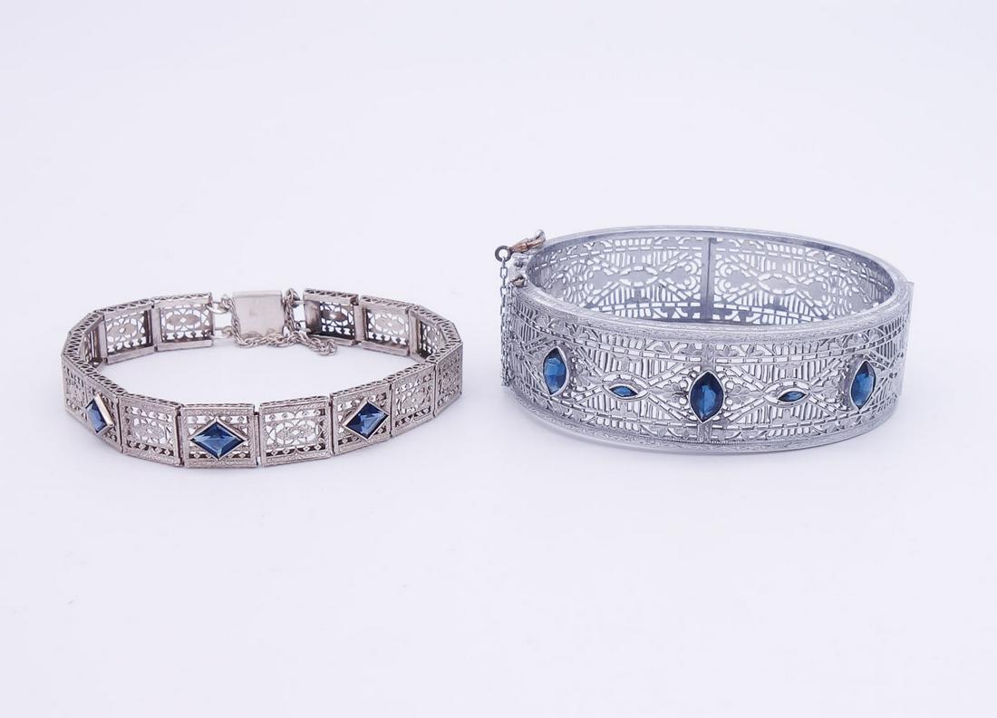 Antique Lot of 2 White Gold GP Art Deco Filigree Blue Stone Bracelets (1 of 4)