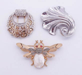 Vintage Lot of 3 Brooches incl Trifari, Filigree, Mother of Pearl, Jewels