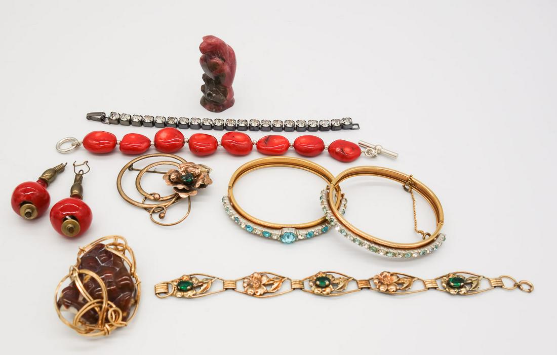 Vintage Mid Century Jewelry Lot incl Coral, Jeweled, Carved Stone Figural Raptor (1 of 7)