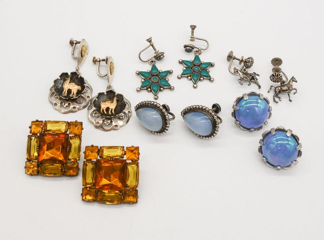 Vintage Lot Sterling Silver Earrings incl 18K Gold Peru, Turquoise, Horses, Rhinestone (1 of 2)