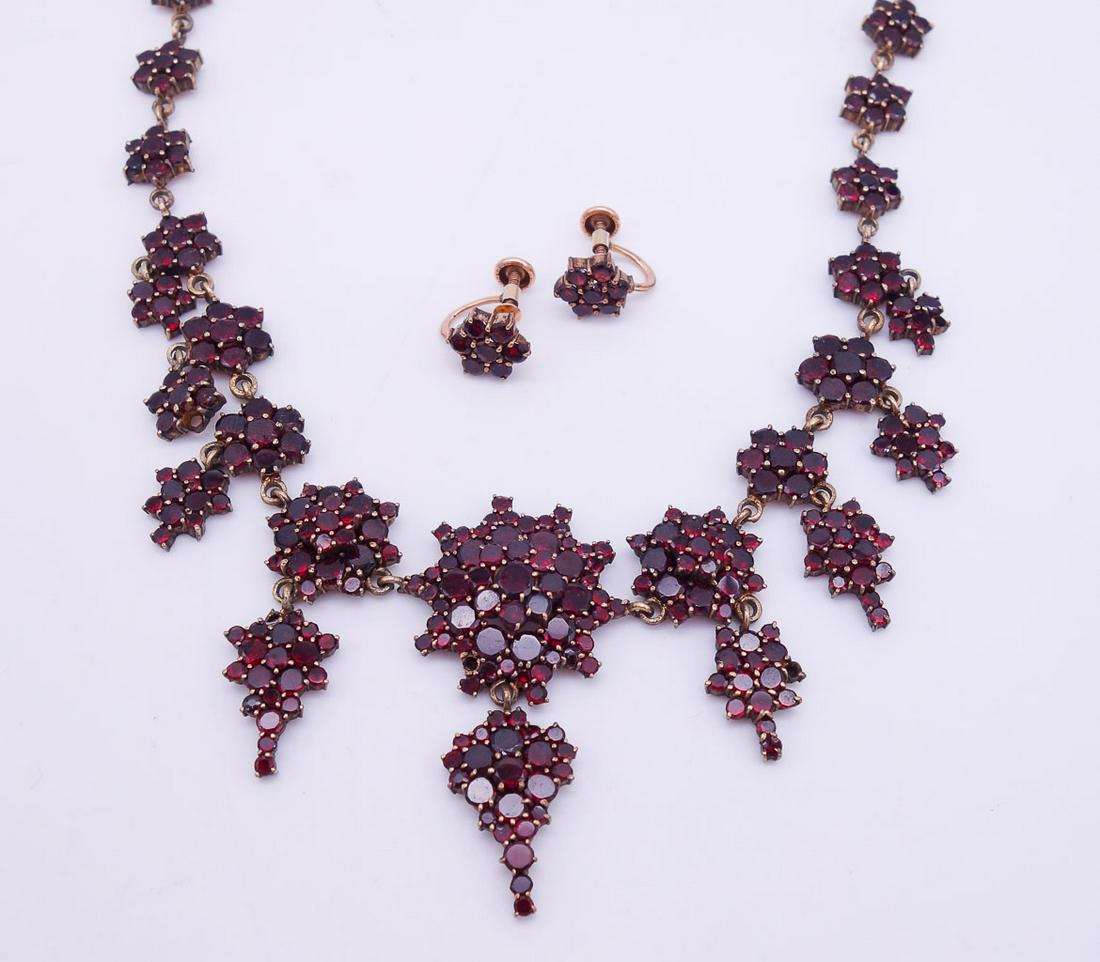 Antique Bohemian Garnet Necklace Earrings Suite w Solid Gold Earring Backings (1 of 2)