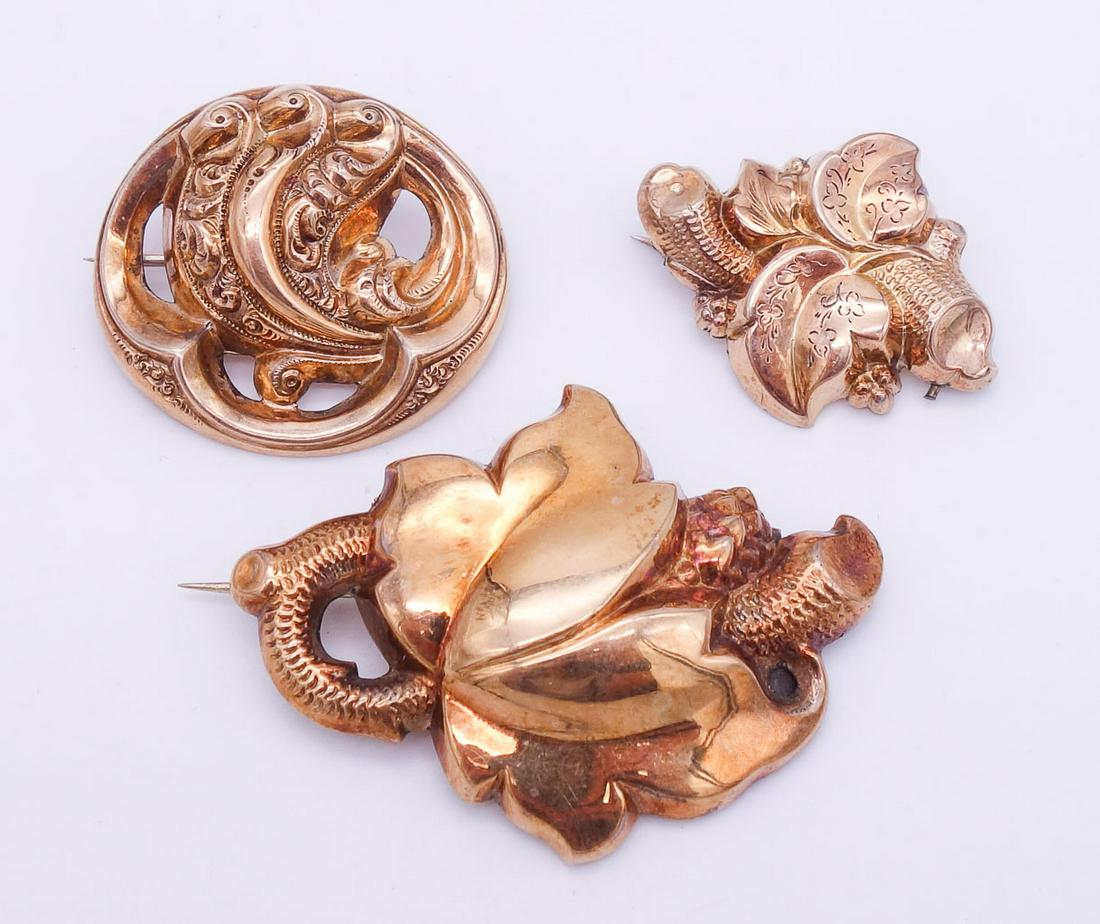Antique Lot of 3 Gold GF Ornate Victorian Brooch Pins incl Leaf Motifs (1 of 2)