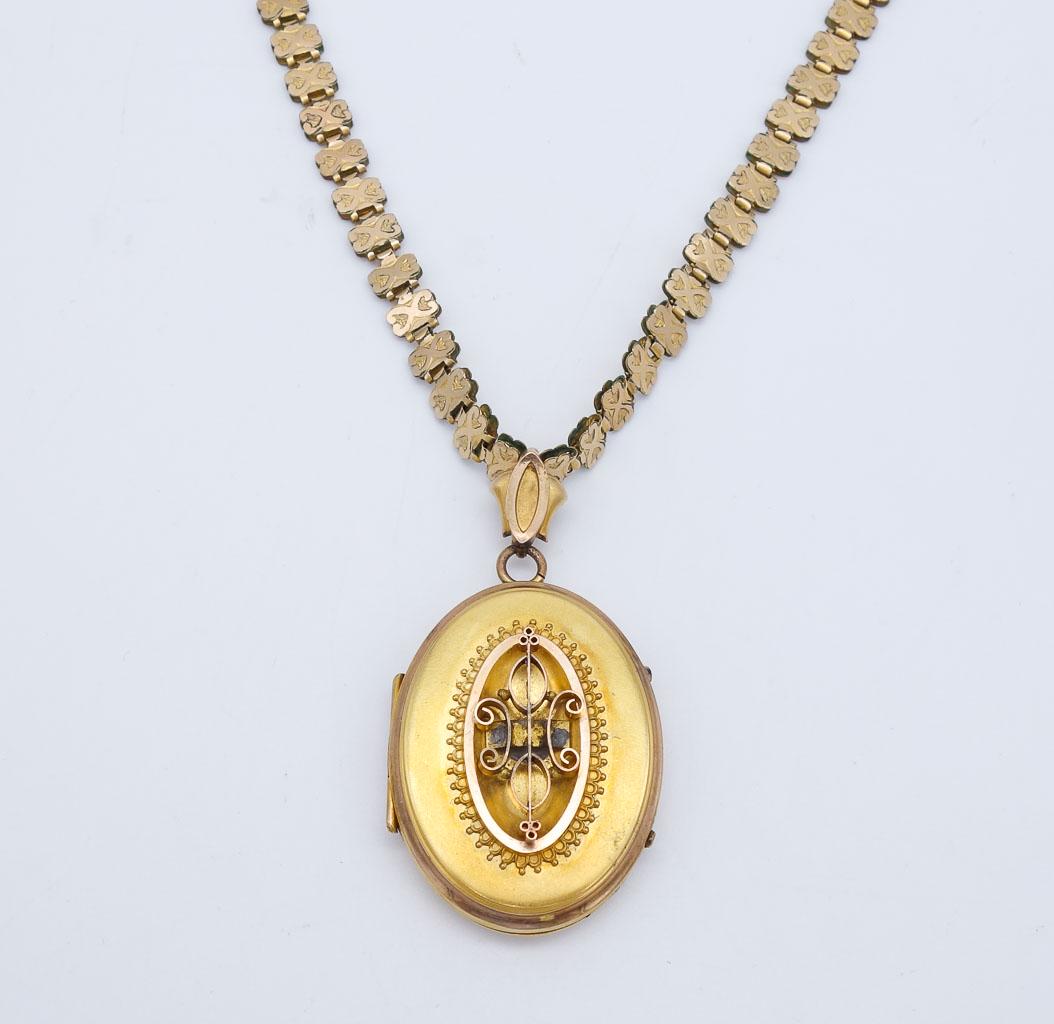 Antique Victorian Renaissance Revival Large Gold GF Locket Pendant Necklace (1 of 5)