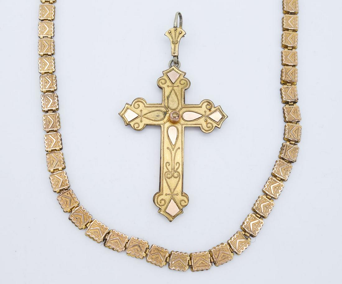 Antique 19c Renaissance Revival Gold GF Ornate Cross Pendant Necklace: This is an antique Renaissance Revival gold filled ornate necklace with a large cross pendant. The necklace is 17" long and the pendant is 3 1/2" long including the bale.