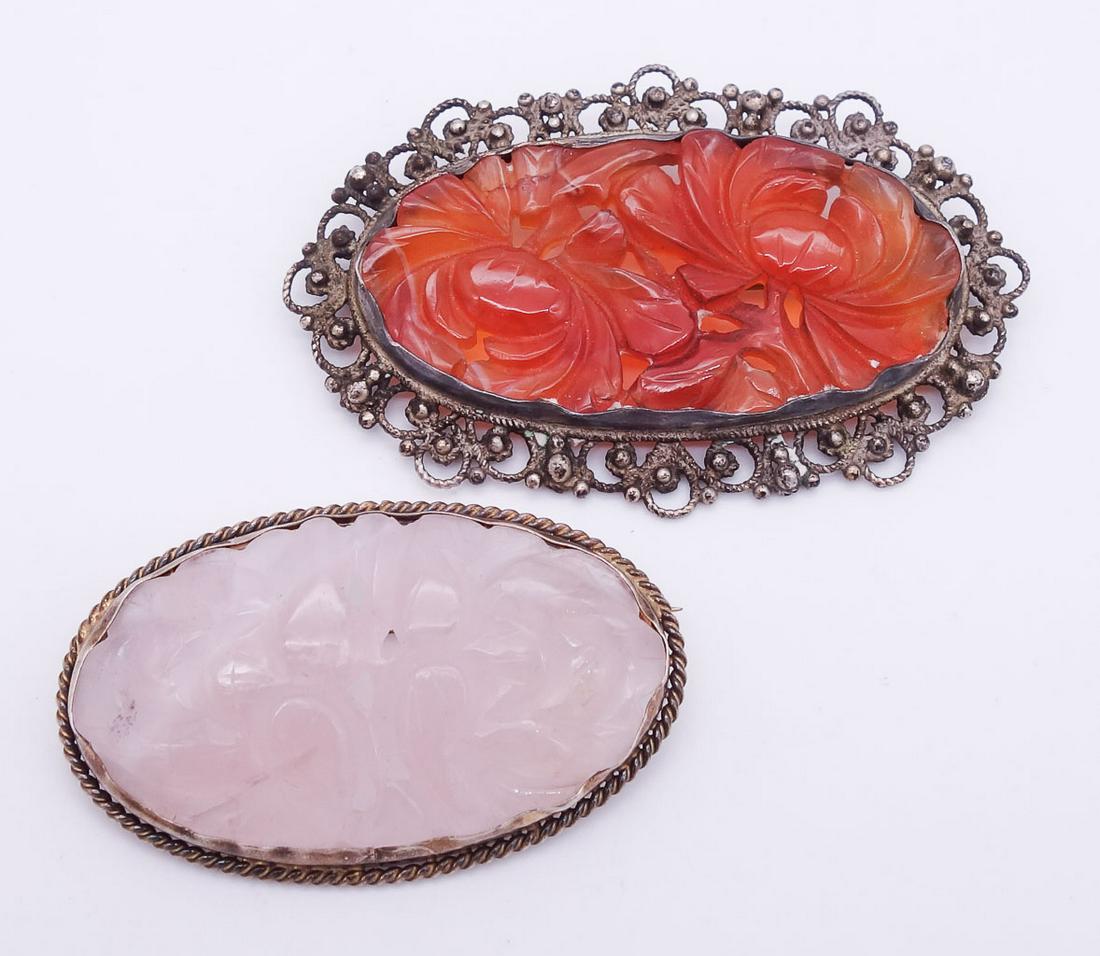 Antique Chinese Gold GW Silver Brooches w Carved Carnelian and Rose Quartz Floral Designs (1 of 2)