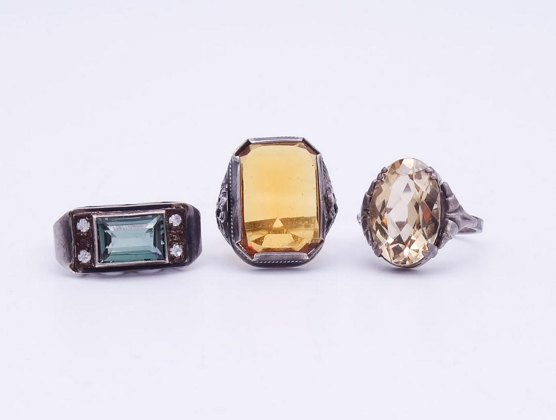 Antique Group of 3 Art Nouveau Art Deco Sterling Silver Citrine Spinel Rings (1 of 2)