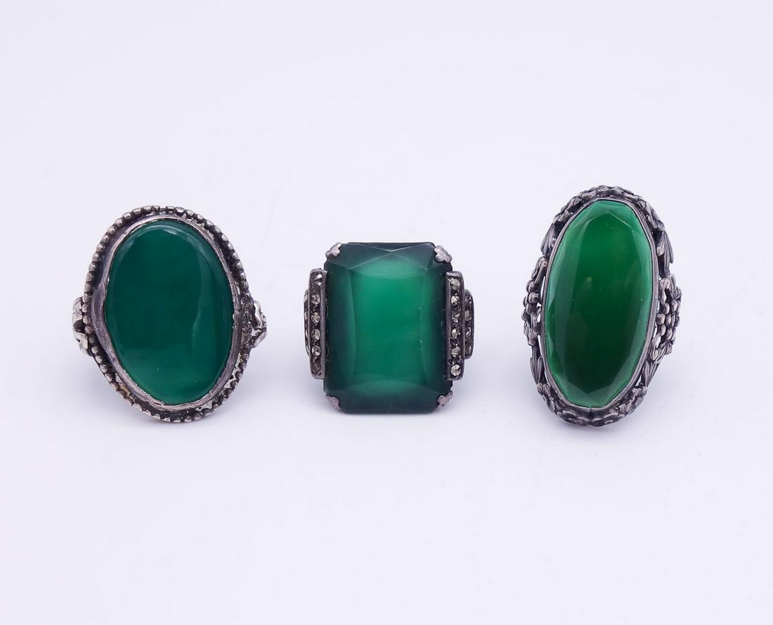 Antique Lot of 3 Sterling Silver Art Deco Green Agate Rings (1 of 2)