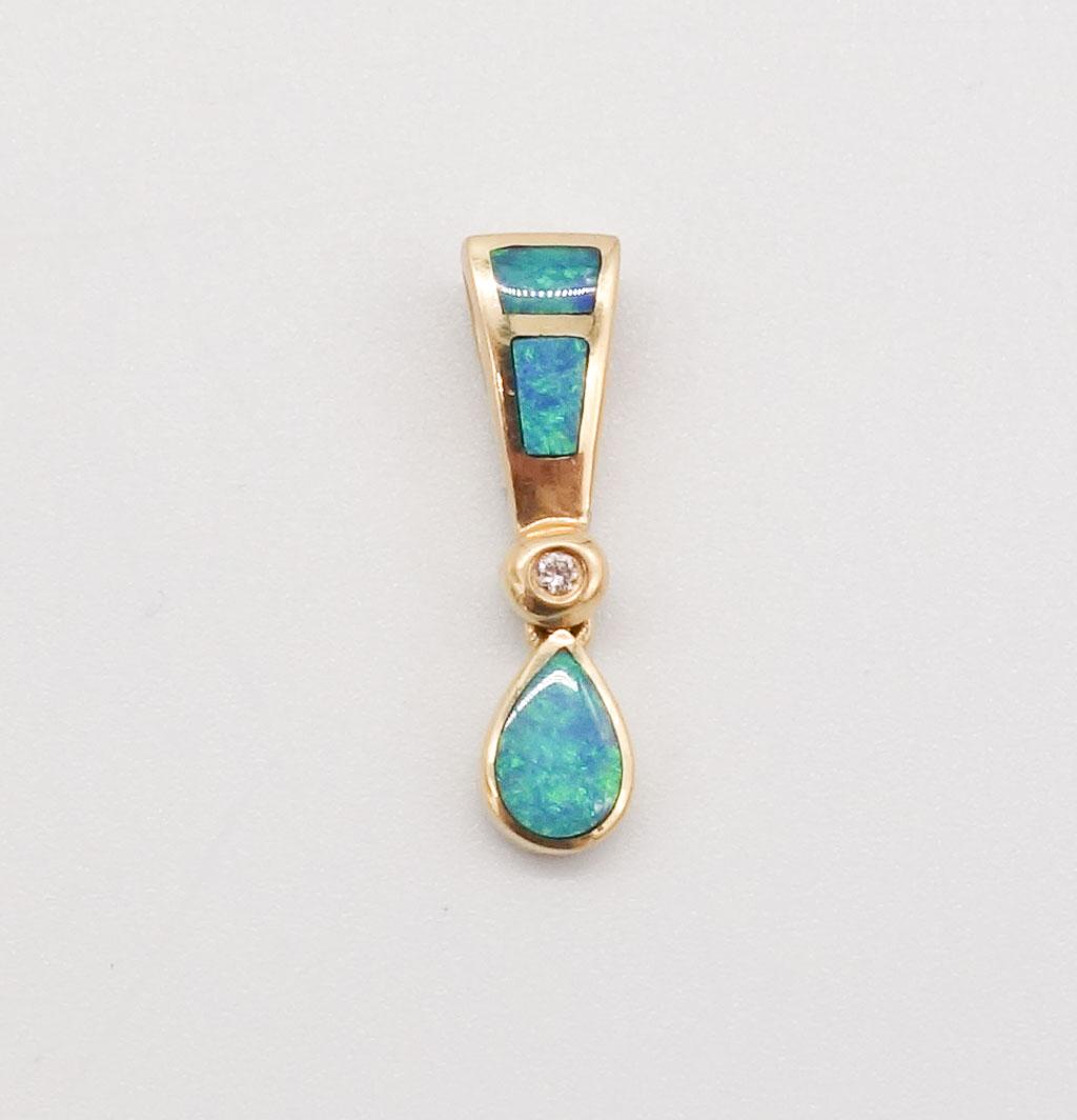 Vintage Kabana 14K Gold Diamond Opal Inlay Necklace Pendant (1 of 2)