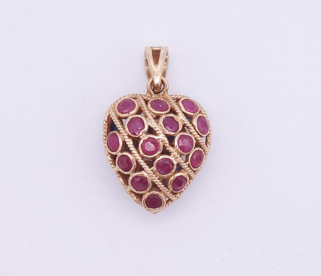 Vintage 14K Gold Filigree Ruby and Blue Sapphire Heart Necklace Pendant (1 of 2)