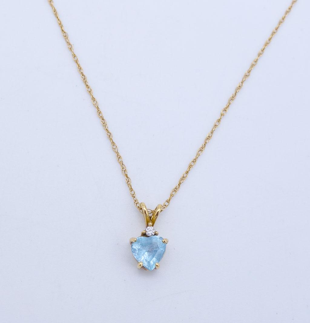 Vintage 14K Gold Blue Topaz Heart Diamond Pendant Necklace (1 of 4)