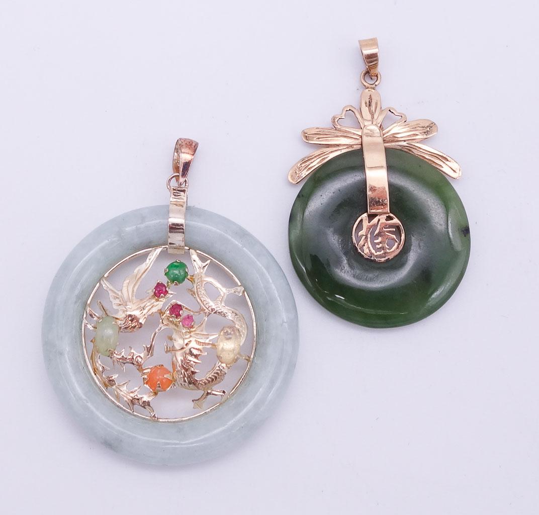 Vintage 14K Gold Chinese Jadeite and Spinach Jade Necklace Pendants (1 of 2)