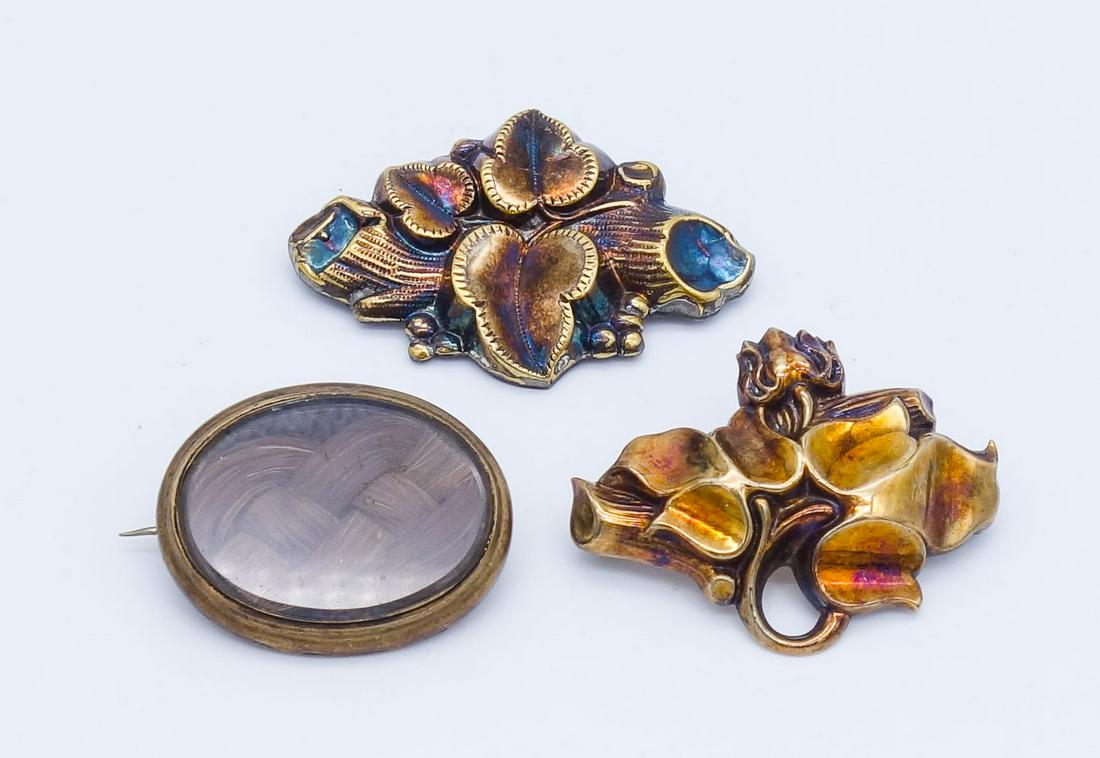 Antique Group 3 Victorian Gold GF Brooches incl Woven Hair Mourning Pin (1 of 3)