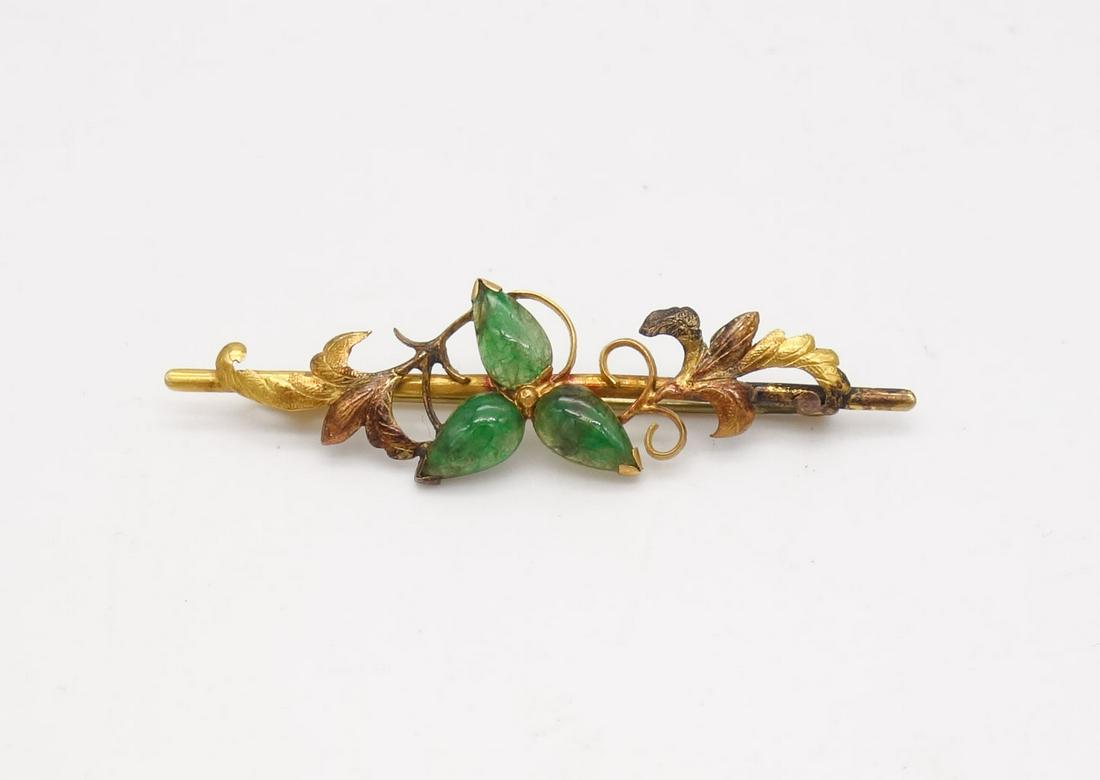 Antique Chinese Export 14K Gold Jadeite Leaf Vine Motif Brooch Pin (1 of 2)