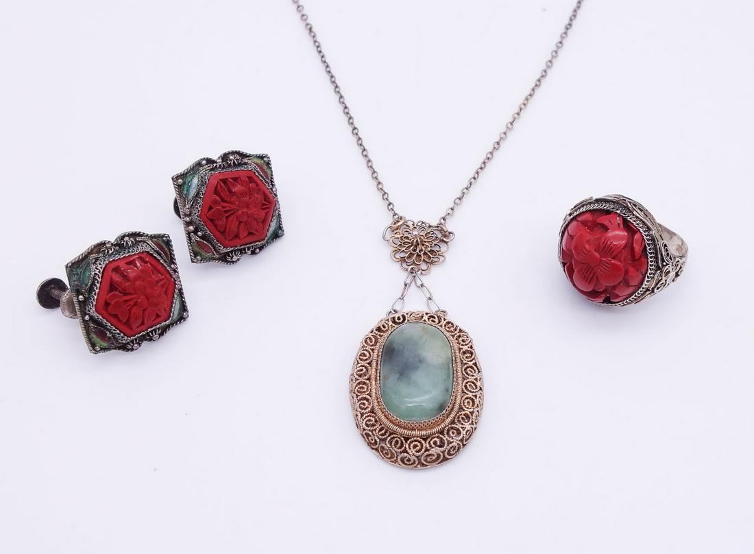 Antique Chinese Enamel Filigree Carved Cinnabar Jade Earrings, Ring, Necklace (1 of 3)