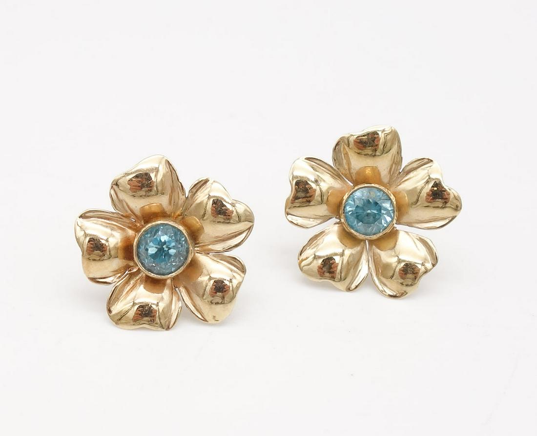 Vintage 14K Gold Blue Zircon Floral Earrings (1 of 3)