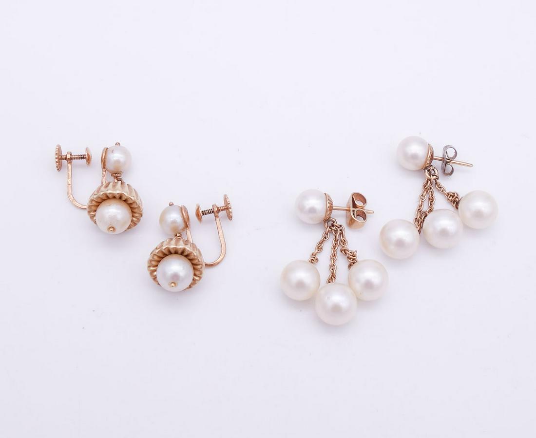 Vintage Lot 2 Pairs 14K Gold Cultured Pearl Dangle Earrings (1 of 2)