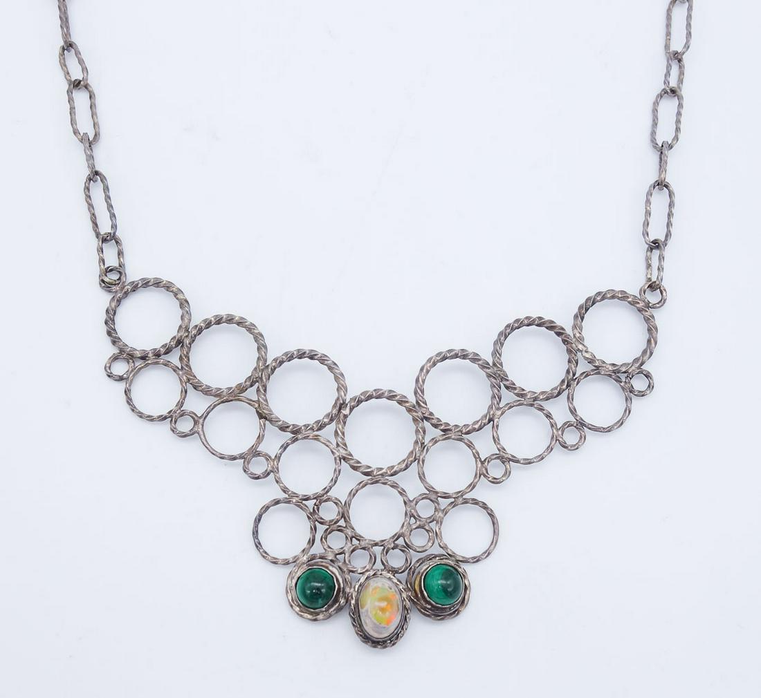 Vintage Mid Century Designer Mexican Sterling Silver Fire Boulder Opal Malachite Necklace (1 of 5)